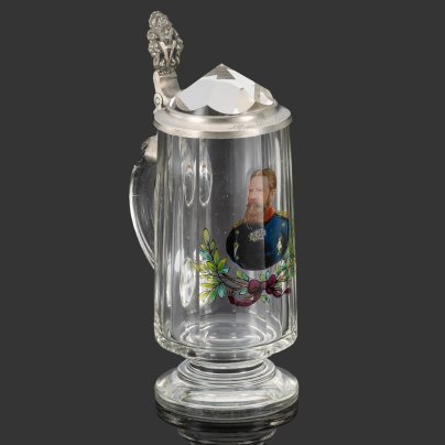Кружка пивная с портретом Альфонса Франке (Alfons Franke), стекло, роспись, гранение, резьба, олово, Германия, 1890-1930 гг.