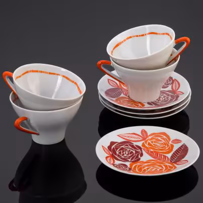 Набор чайных пар с декором из роз на 4 персоны, Ленинградский фарфоровый завод (ЛФЗ)