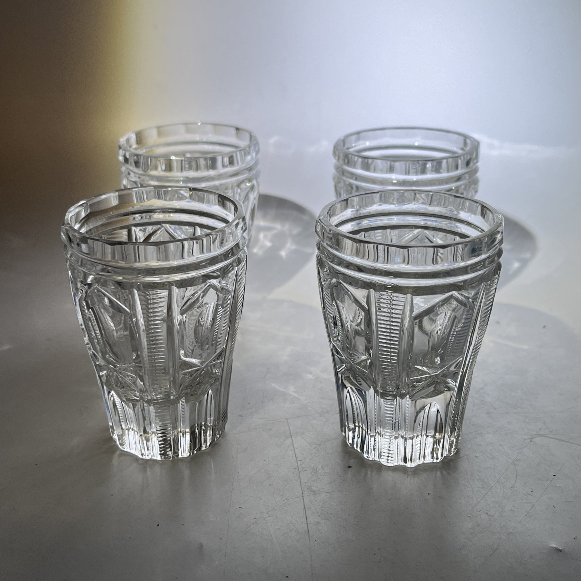 Набор из 4 стопок с геометрическим декором, стекло, пресс, СССР, 1970-1990 гг.