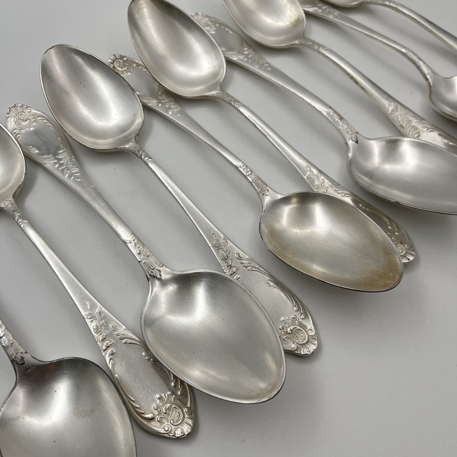 Набор из десяти столовых ложек с растительным декором, мНЦ (медь-никель-цинк), Вольнянский завод столовых приборов им. Шевченко (ЗiШ, ЗиШ), СССР, 1960-1990 гг.