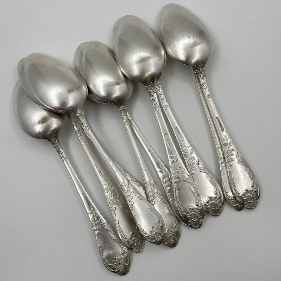 Набор из десяти столовых ложек с растительным декором, мНЦ (медь-никель-цинк), Вольнянский завод столовых приборов им. Шевченко (ЗiШ, ЗиШ), СССР, 1960-1990 гг.