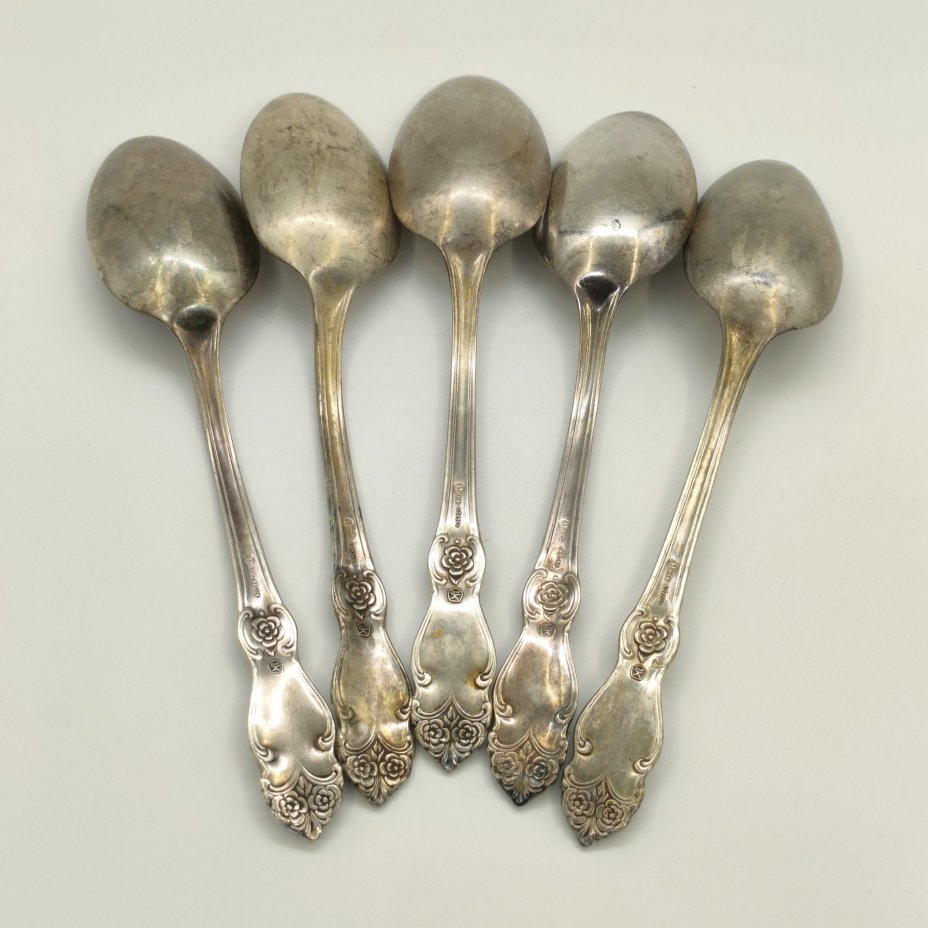 Набор столовых ложек "Серебряная роза" на 5 персон, мНЦ (медь-никель-цинк), серебрение, Кольчугинский завод цветных металлов, СССР, 1962-1991 гг.