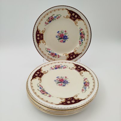 Набор пирожковых тарелок с цветочным декором на 7 персон, Portland Pottery, фаянс, деколь, золочение, Великобритания, 1946-1970 гг.