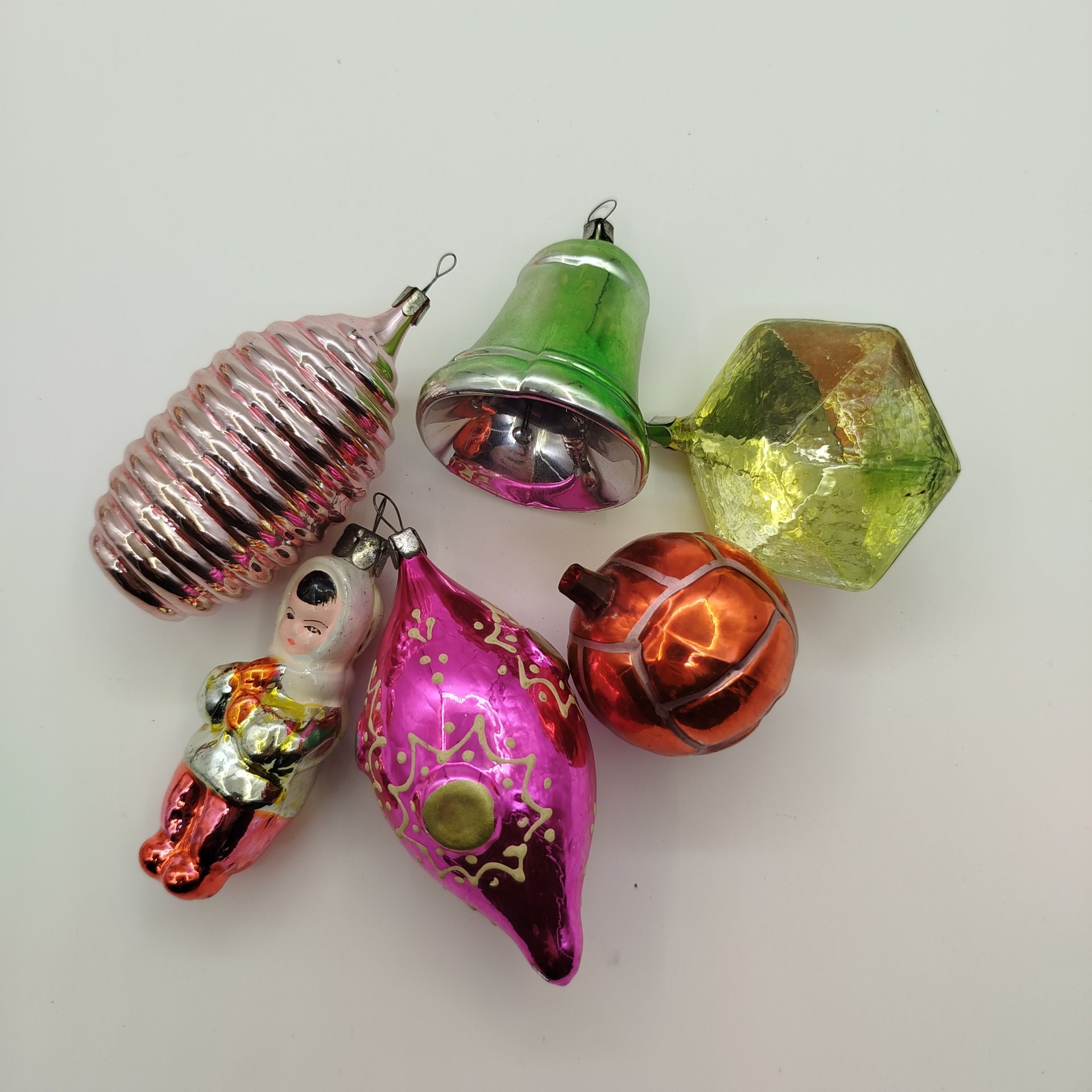 Набор шести елочных игрушек, стекло, металл, роспись, СССР, 1960-1980 гг.