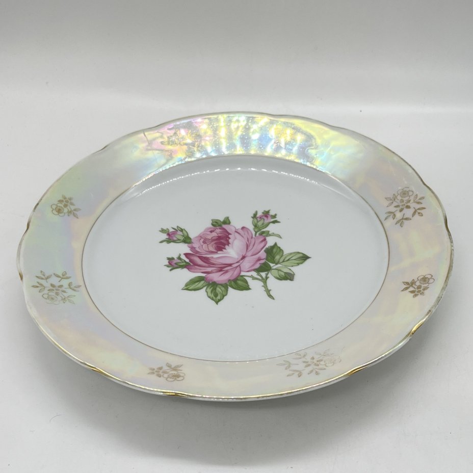 Тарелка сервировочная/обеденная с цветочным декором, фарфор, люстр, деколь, золочение, Kahla, ГДР, 1960-1990 гг.