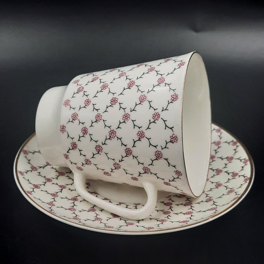 Пара кофейная "Розовая сетка", автор формы "Майская" Э.М. Криммер, фарфор, деколь, золочение, Ленинградский фарфоровый завод (ЛФЗ), Россия, 1989-2001 гг.