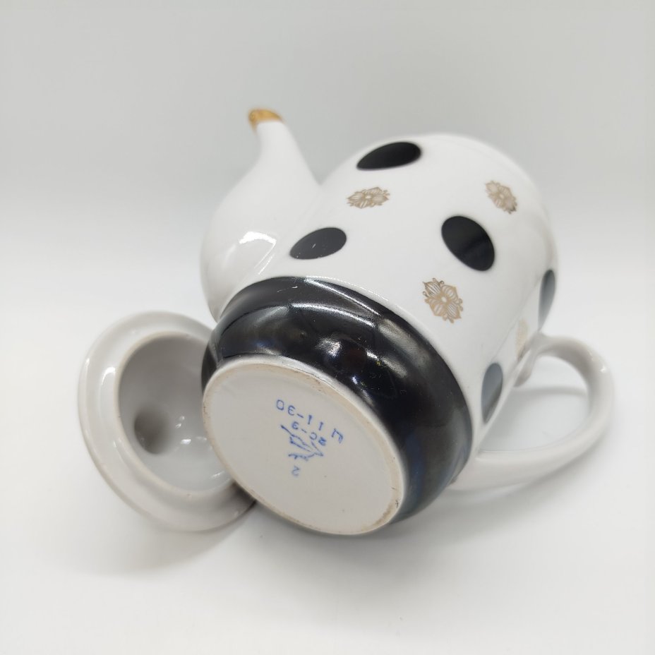 Набор чайно-кофейный с декором в горошек (чайник и 6 чашек), Городницкий фарфоровый завод
