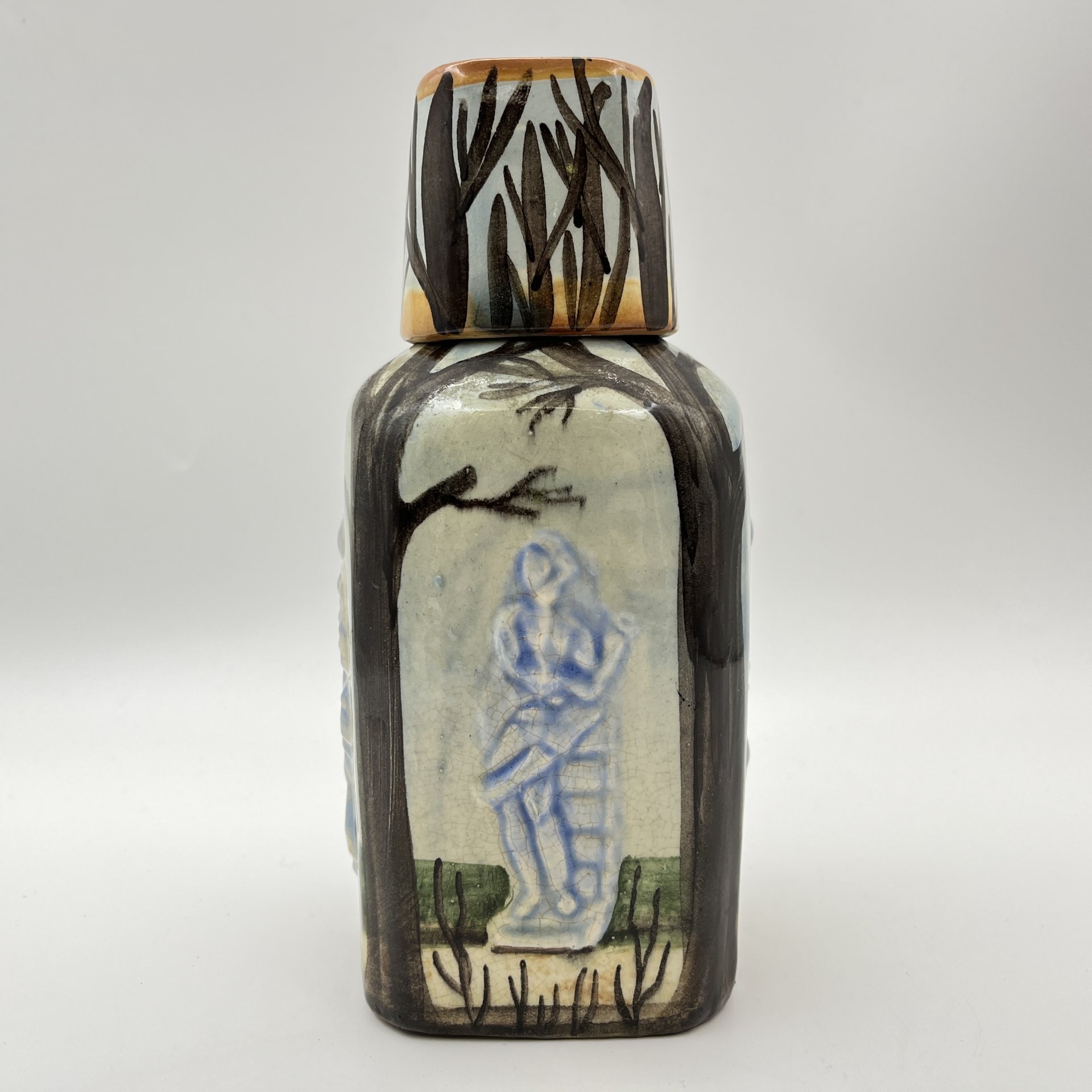 Штоф четырехгранный "Летний сад" с крышкой-стопкой, керамика, роспись, СССР, 1950-1970 гг.