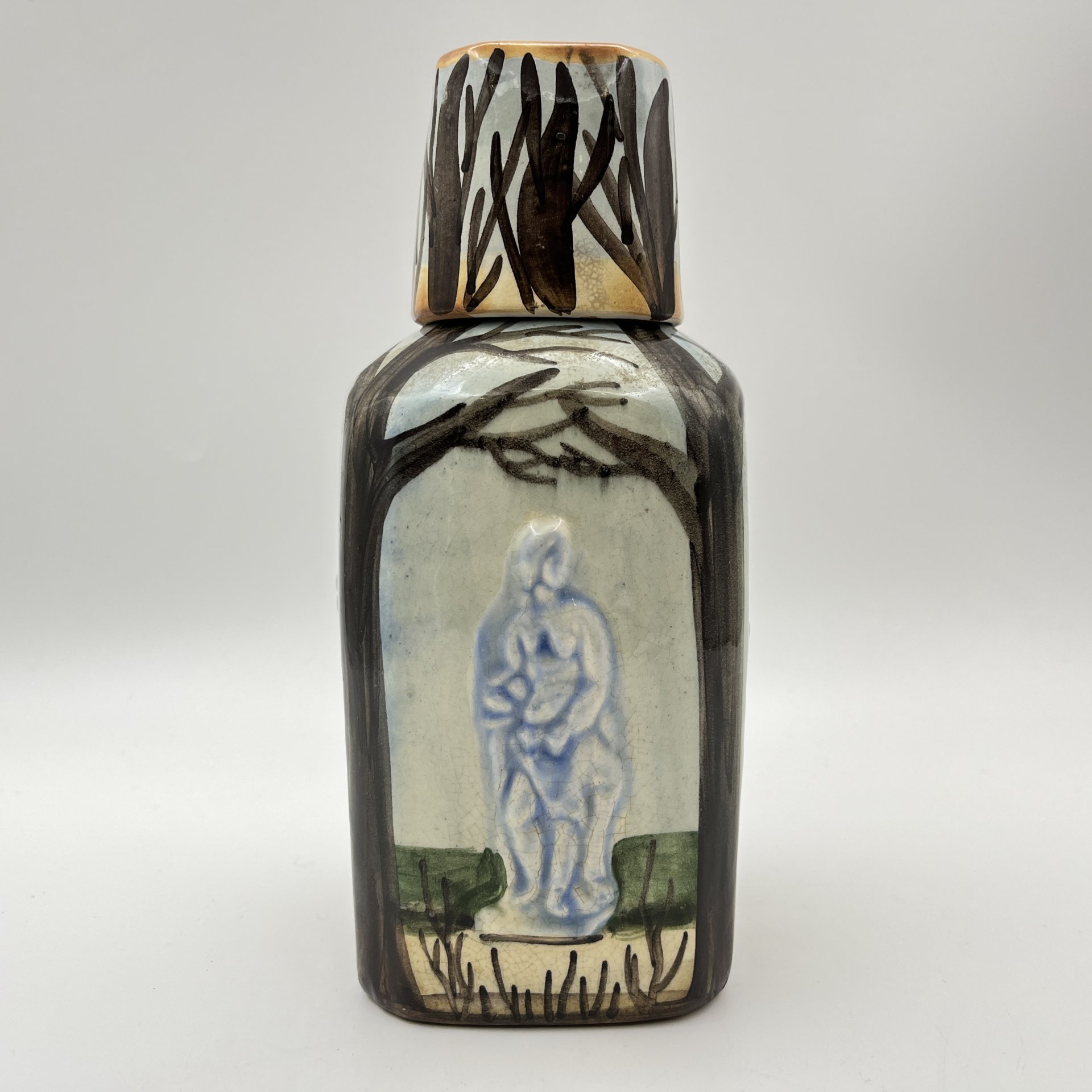 Штоф четырехгранный "Летний сад" с крышкой-стопкой, керамика, роспись, СССР, 1950-1970 гг.