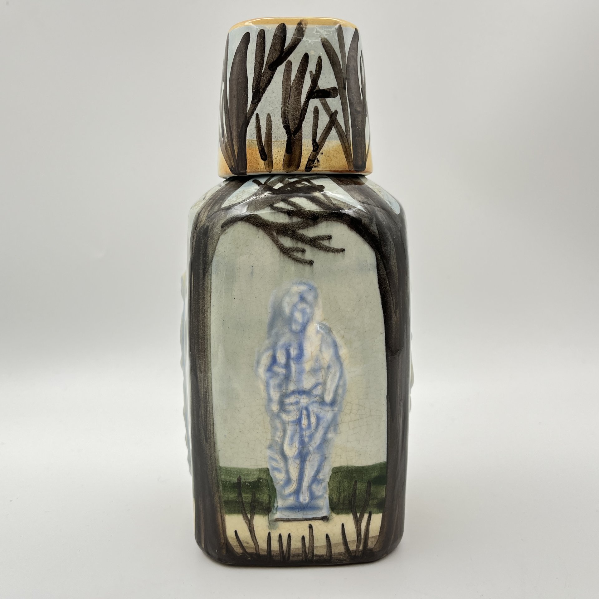 Штоф четырехгранный "Летний сад" с крышкой-стопкой, керамика, роспись, СССР, 1950-1970 гг.