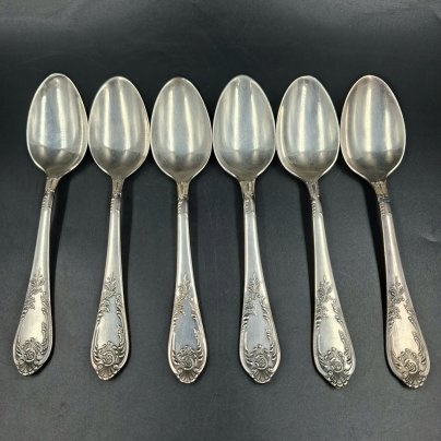 Набор из шести десертных ложек с растительным декором, мНЦ (медь-никель-цинк), Вольнянский завод столовых приборов им. Шевченко (ЗiШ, ЗиШ), СССР, 1960-1990 гг.