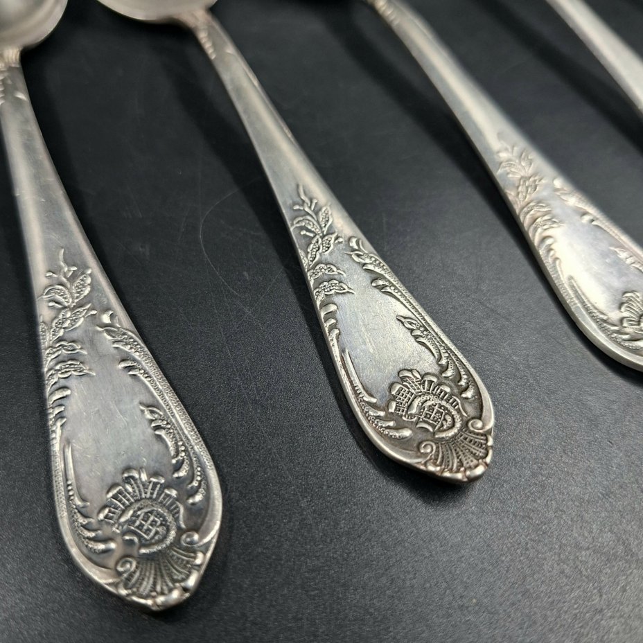 Набор из шести десертных ложек с растительным декором, мНЦ (медь-никель-цинк), Вольнянский завод столовых приборов им. Шевченко (ЗiШ, ЗиШ), СССР, 1960-1990 гг.