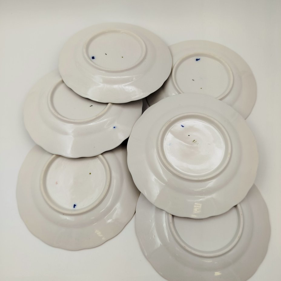 Набор из 6-ти пирожковых тарелок "Кобальтовая сетка", автор рисунка А.А. Яцкевич, фарфор, деколь, золочение, Ленинградский фарфоровый завод (ЛФЗ), СССР, 1960-1970 гг.