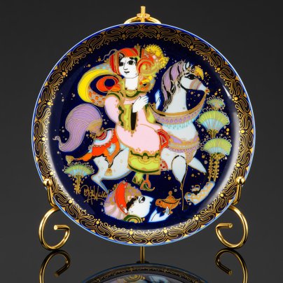 Тарелка настенная из серии "Aladin und Wunderlampe" ("Аладин и волшебная лампа") по мотивам сказки "Тысяча и одна ночь",  дизайнер Bjorn Wiinblad, фарфор, крытье, деколь, золочение, Rosenthal (Розенталь), Германия, 1970-1980 гг.