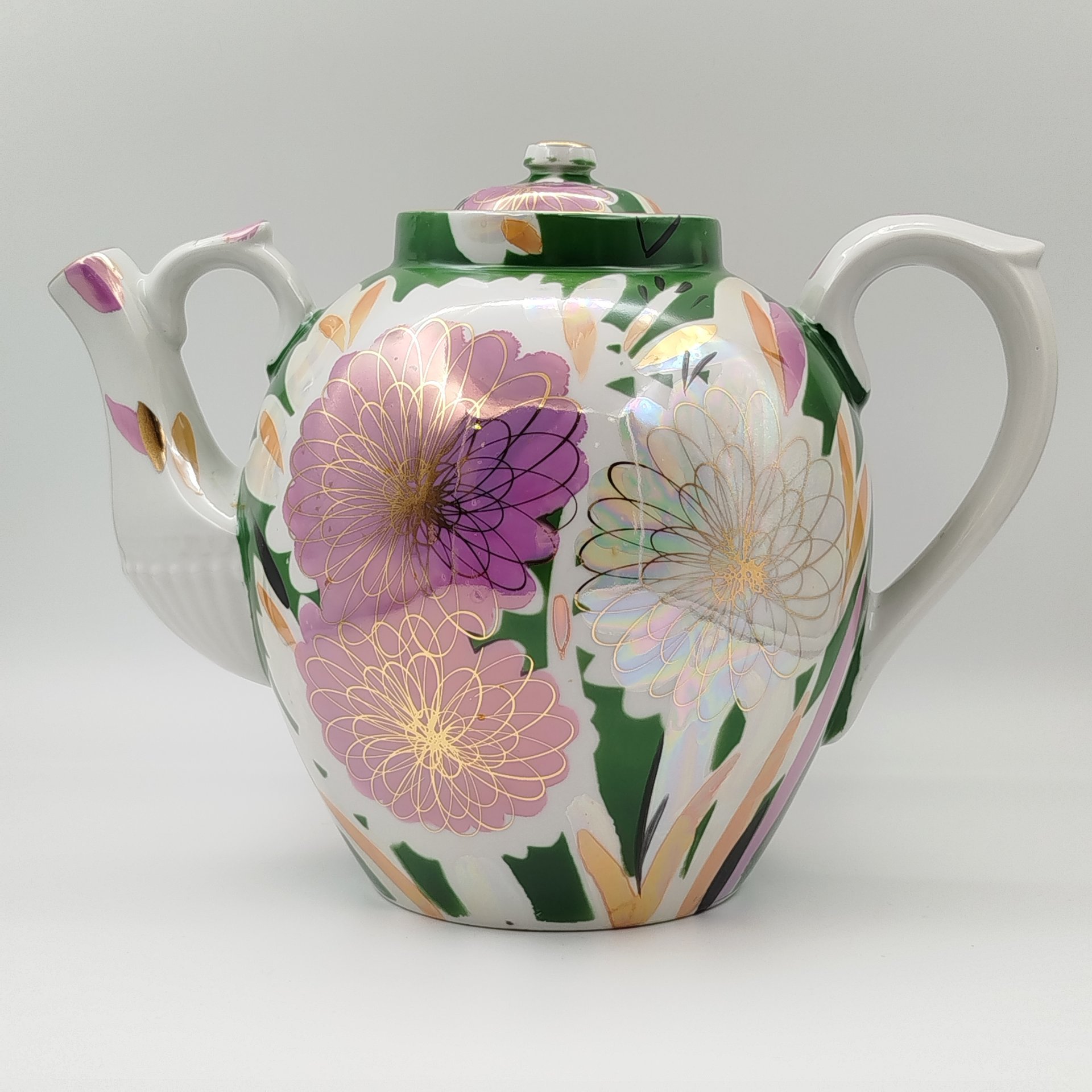 Чайник доливной (трактирный) "Хризантемы" ("Астры"), автор В.К. Яснецов, фарфор, крытье, роспись, люстр, золочение, Дулевский фарфоровый завод (Дулёво), Российская Федерация, 2000 г.