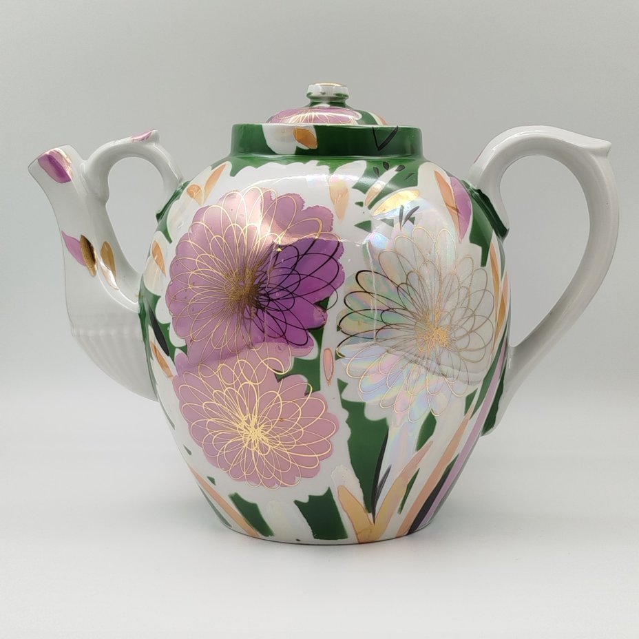 Чайник доливной (трактирный) "Хризантемы" ("Астры"), автор В.К. Яснецов, фарфор, крытье, роспись, люстр, золочение, Дулевский фарфоровый завод (Дулёво), Российская Федерация, 2000 г.