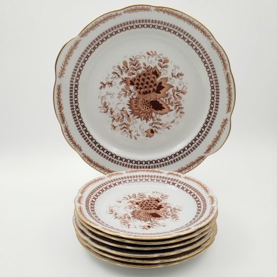 Набор десертных тарелок с блюдом на 6 персон, украшенный цветочным декором, фарфор, деколь, золочение, Kahla, Германия, 1968-1991 гг.