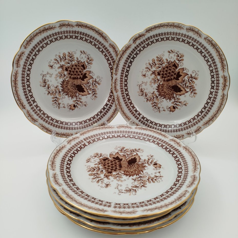 Набор десертных тарелок с блюдом на 6 персон, украшенный цветочным декором, фарфор, деколь, золочение, Kahla, Германия, 1968-1991 гг.