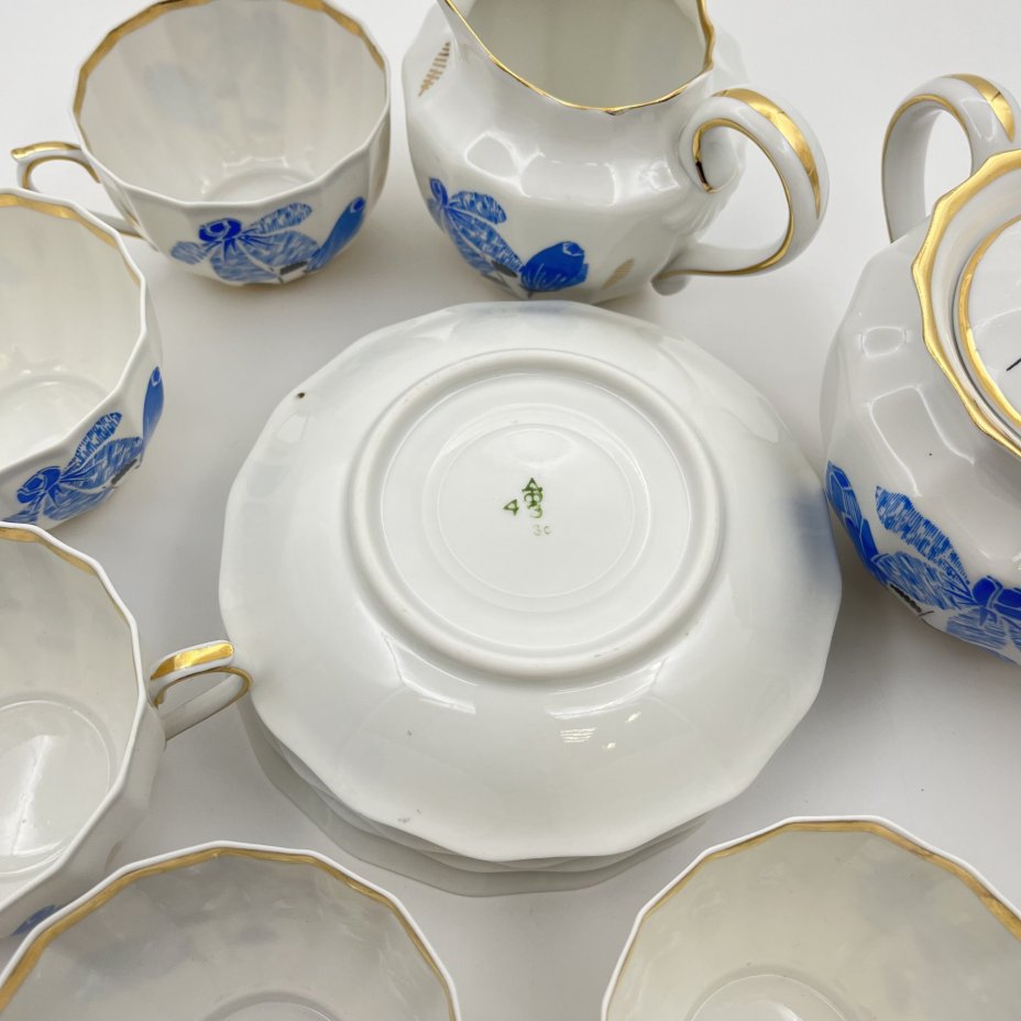 Набор чайный с изображением синих цветов, форма "Ампир", на 5 персон (12 предметов), фарфор, деколь, золочение, Дмитровский фарфоровый завод (ДФЗ Вербилки), СССР, 1965-1991 гг., Дмитровский фарфоровый завод (ДФЗ Вербилки)