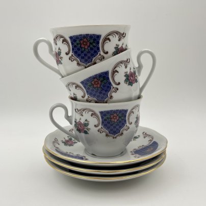 Набор из 3-х чайных пар с цветочным декором, фарфор, деколь, золочение, Bohemia (Neurohlau), Чехословакия, 1970-1990 гг.