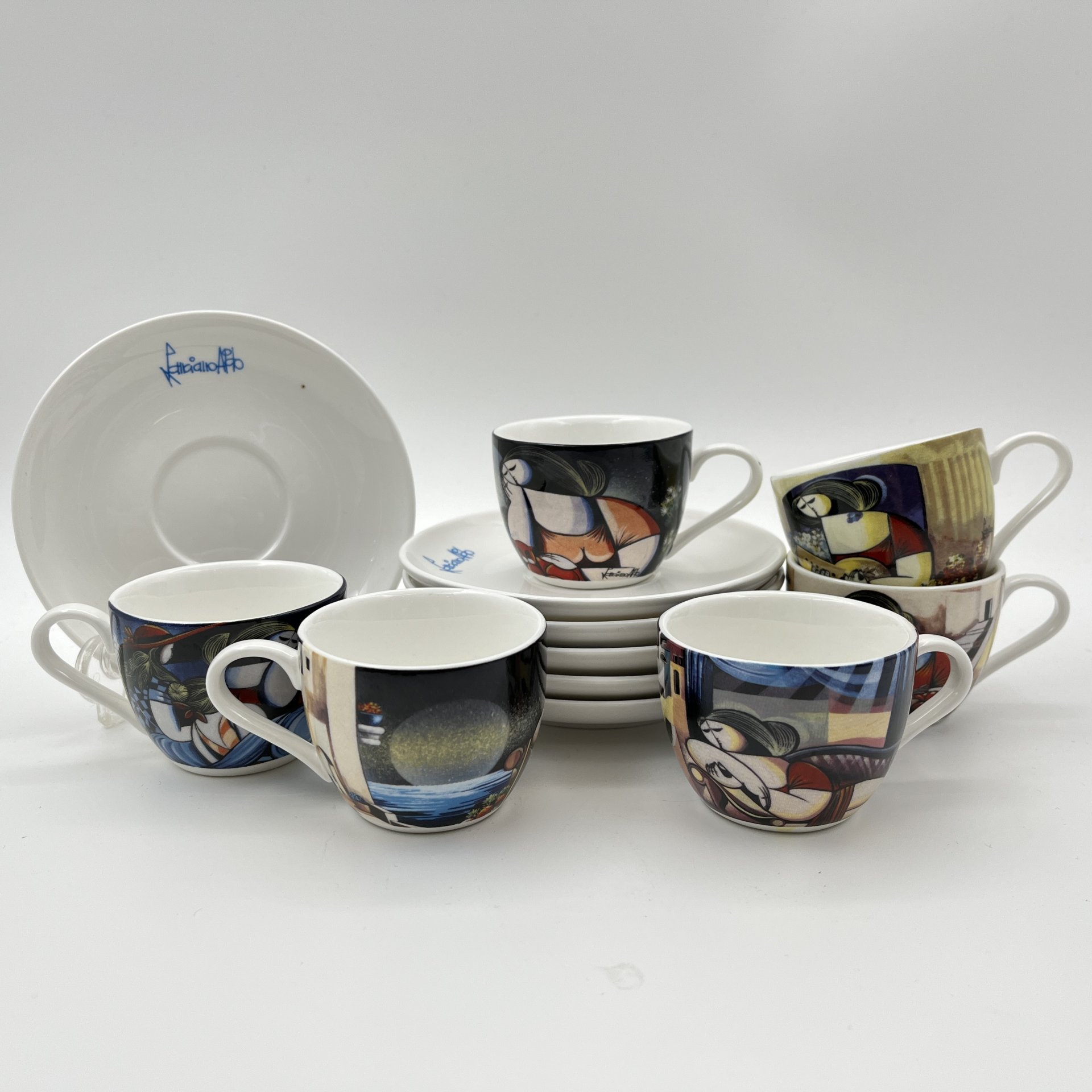 Набор кофейных пар для эспрессо на 6 персон, Nims, декор "Aldo Lanciano", фарфор, деколь, Италия, 1990-2000 гг.