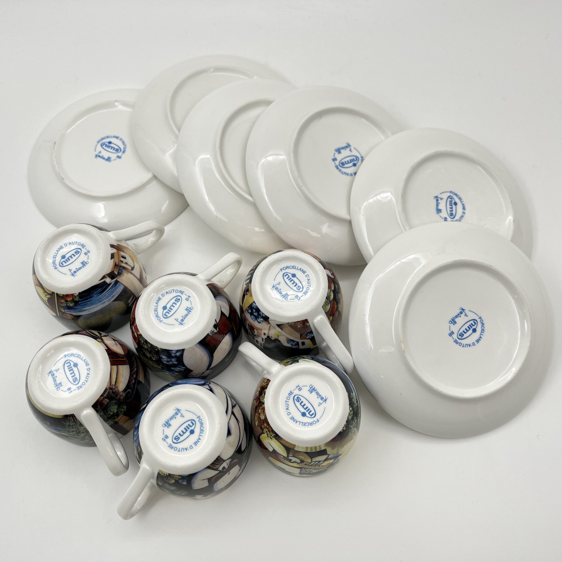 Набор кофейных пар для эспрессо на 6 персон, Nims, декор "Aldo Lanciano", фарфор, деколь, Италия, 1990-2000 гг.