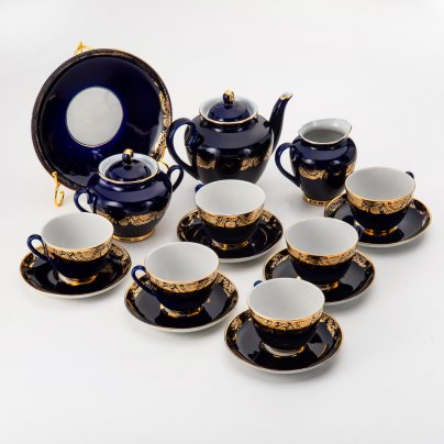 Чайный сервиз с ажурным орнаментом по борту на 6 персон (16 предметов), фарфор, кобальт, золочение, Ленинградский фарфоровый завод (ЛФЗ), СССР, 1970-1989 гг.