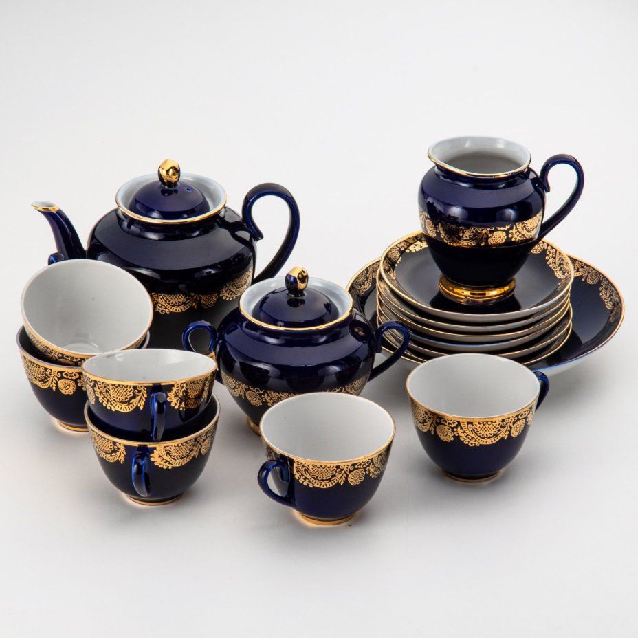 Чайный сервиз с ажурным орнаментом по борту на 6 персон (16 предметов), фарфор, кобальт, золочение, Ленинградский фарфоровый завод (ЛФЗ), СССР, 1970-1989 гг.