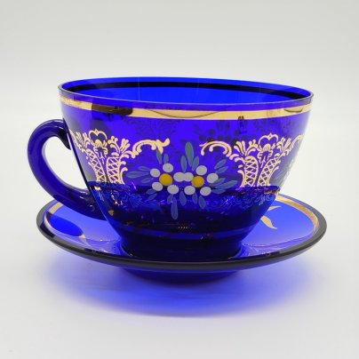 Чайная пара синего оттенка, украшенная растительным декором (в подборе), Bohemia Crystal (Bohemia Glass)