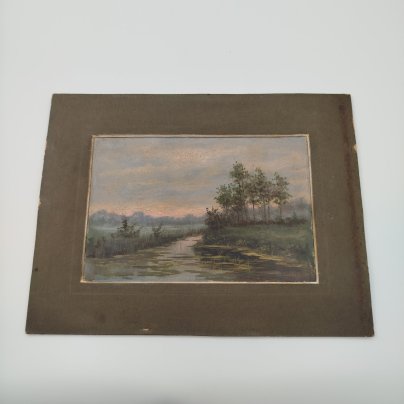 Картина "Вечерний пейзаж с водоемом" в паспарту, подпись "Федоровъ", картон, масло, Россия, 1970-2000 гг.