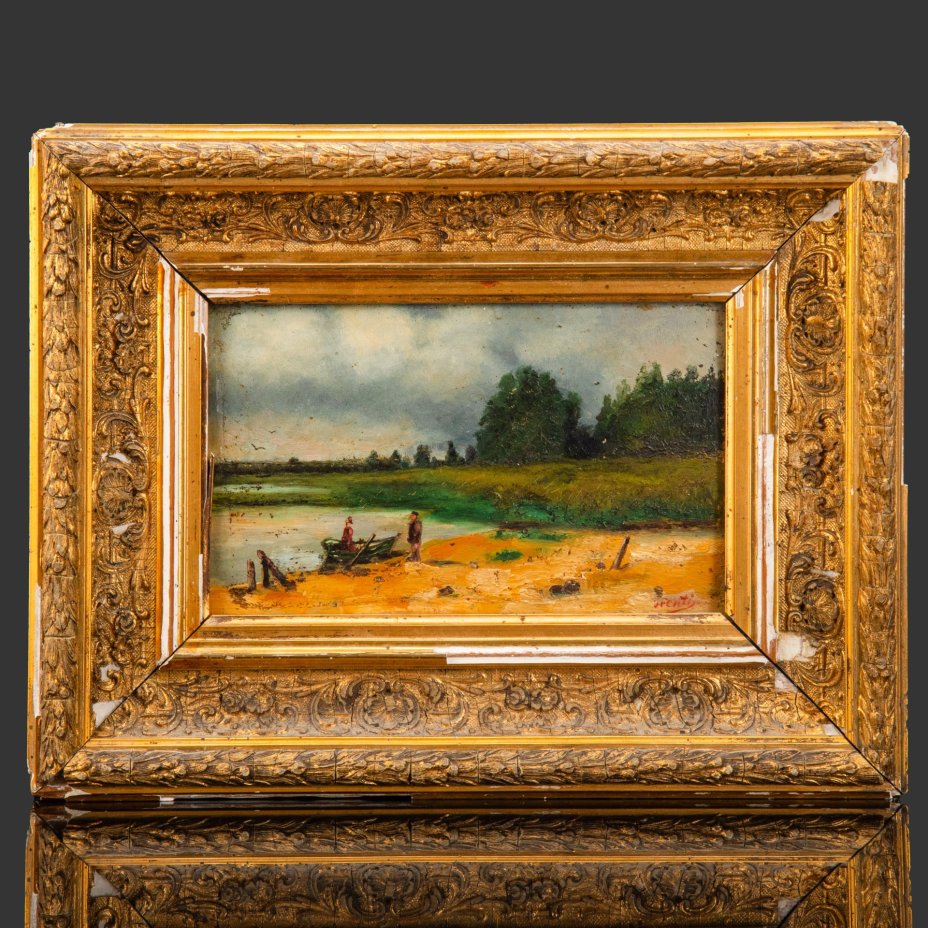 Картина "У реки" (условное название) в раме, с дарственной на обороте, автор А.И. Тренти, дерево, масло, Западная Европа, 1887 г.