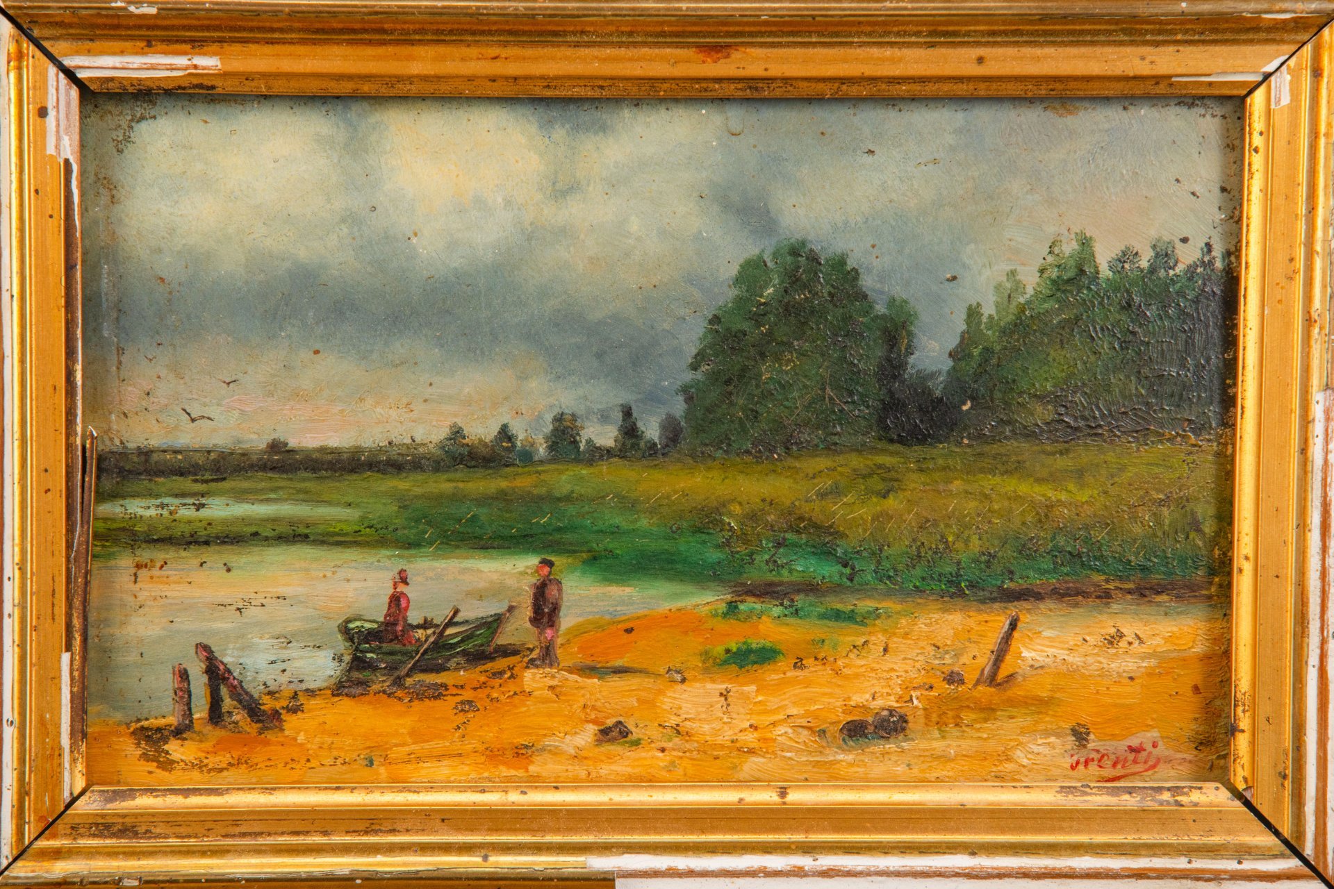 Картина "У реки" (условное название) в раме, с дарственной на обороте, автор А.И. Тренти