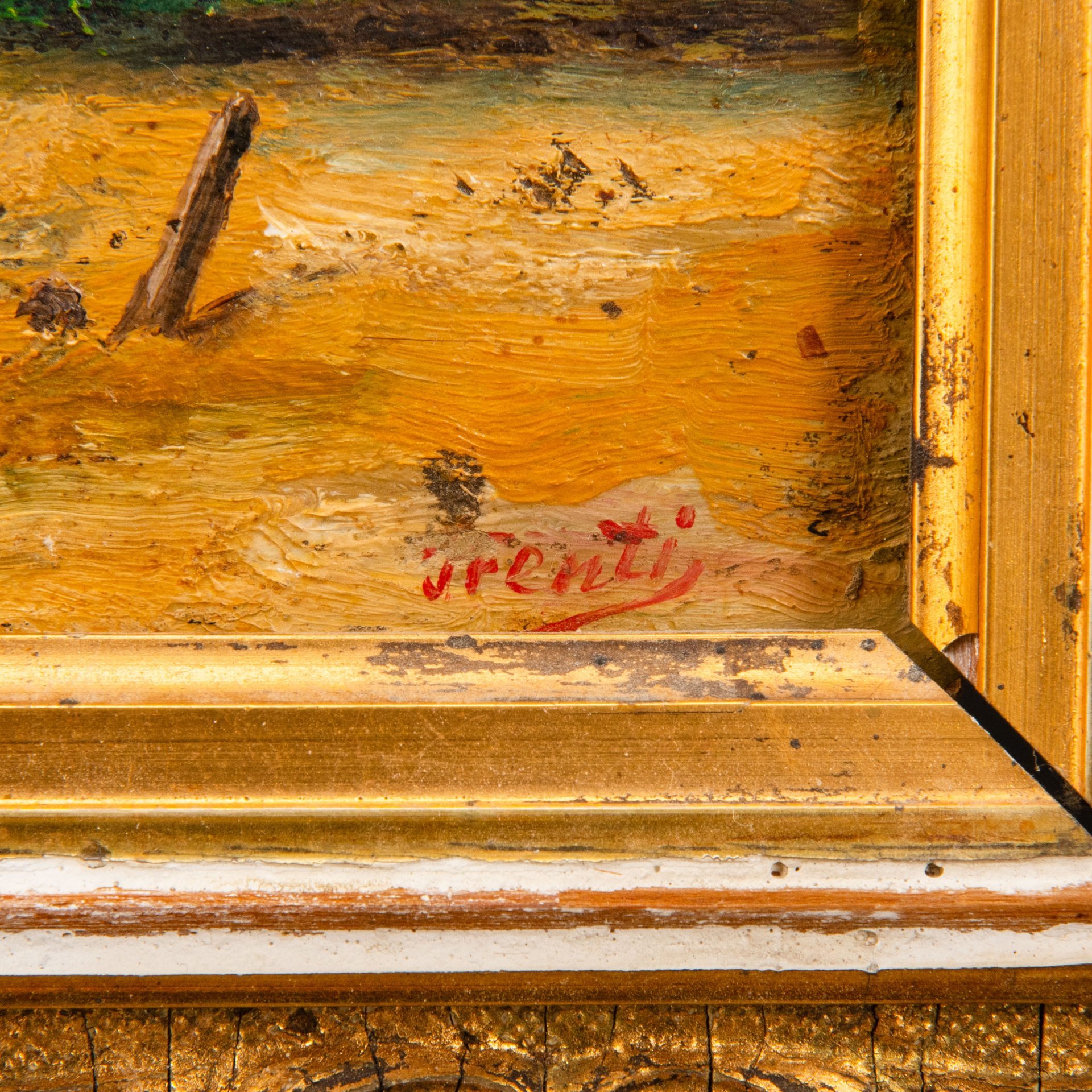 Картина "У реки" (условное название) в раме, с дарственной на обороте, автор А.И. Тренти