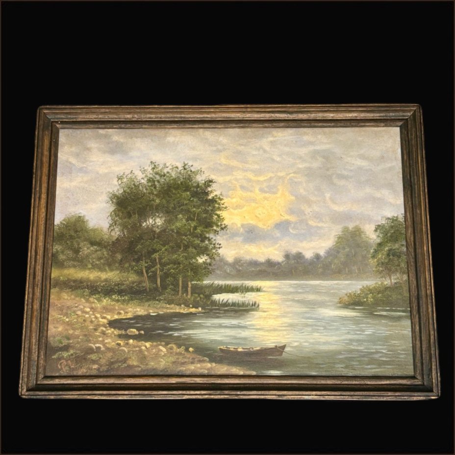 Картина "Ночной пейзаж с лодкой" в раме (название условное), подпись "Р. Кировъ", холст, масло, деревянный подрамник