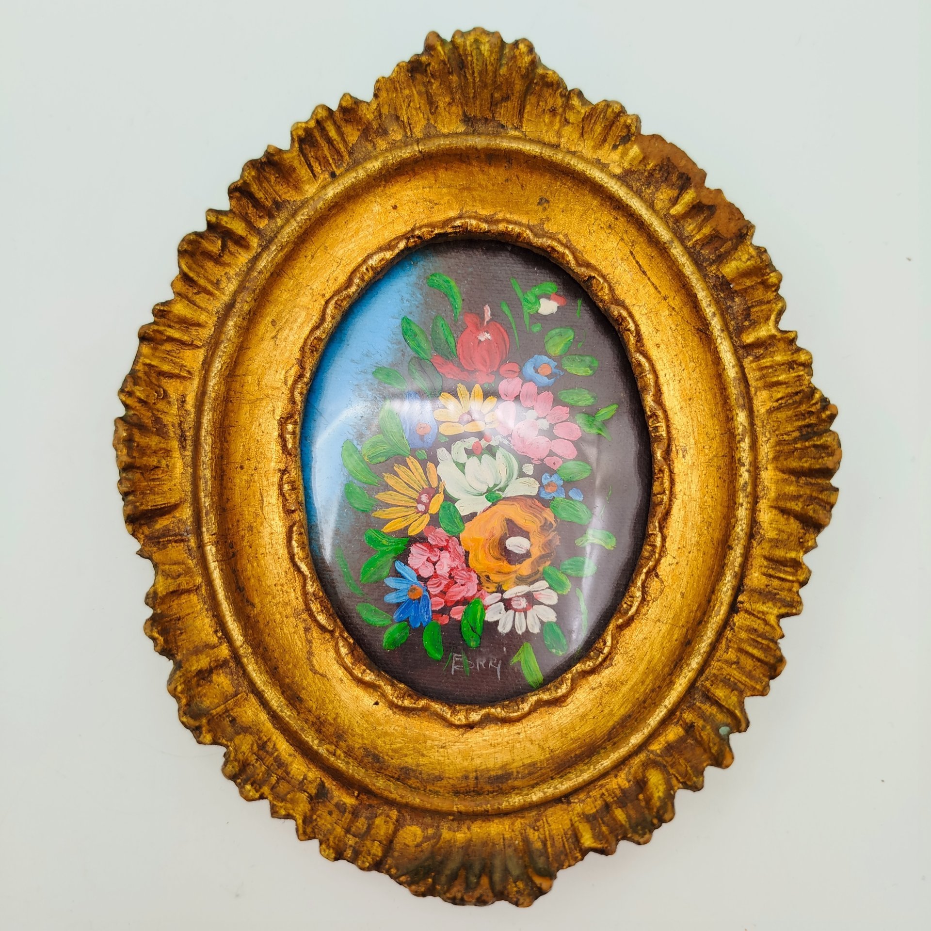 Картина (миниатюра) "Букет полевых цветов" в раме, холст на картоне, масло, композитный материал, стекло, Европа, 1950-1980 гг.