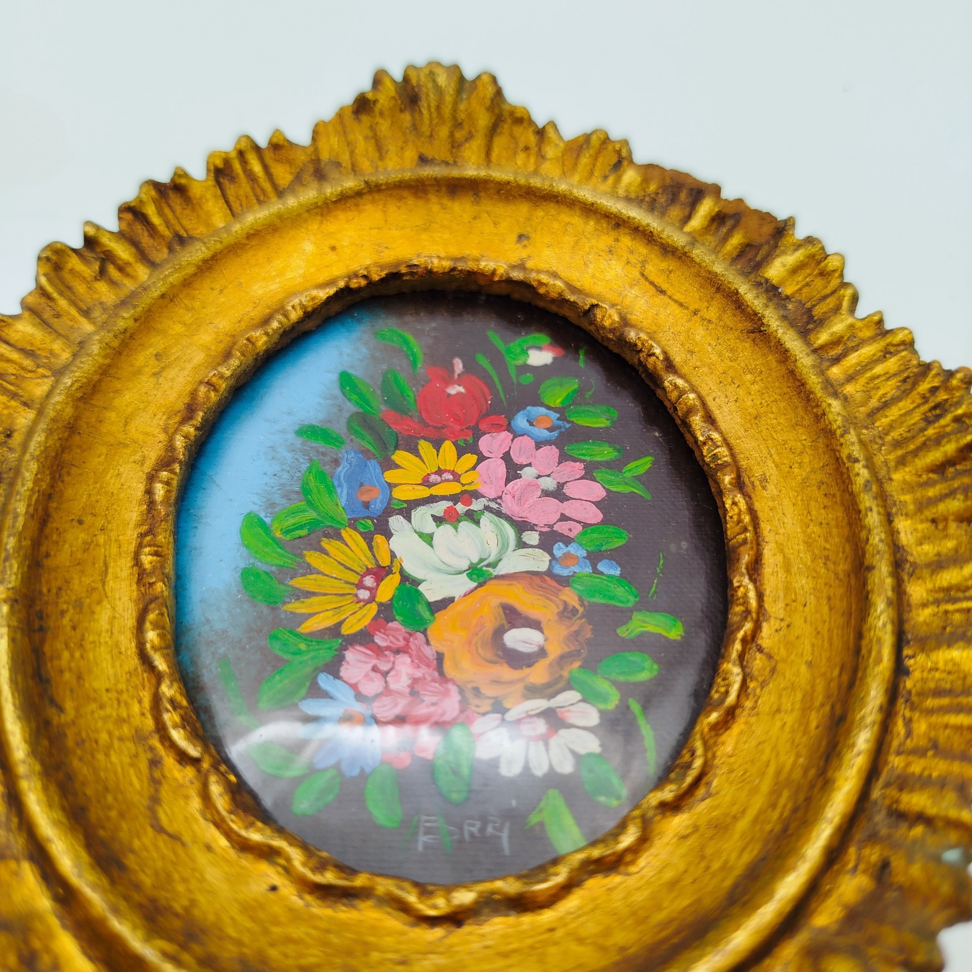 Картина (миниатюра) "Букет полевых цветов" в раме, холст на картоне, масло, композитный материал, стекло, Европа, 1950-1980 гг.