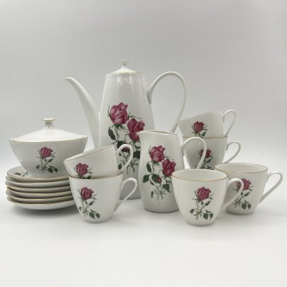 Сервиз кофейный на 6 персон (15 предметов), украшенный изображением розы, фарфор, деколь, золочение, Bohemia (Neurohlau), Чехословакия, 1970-1990 гг.