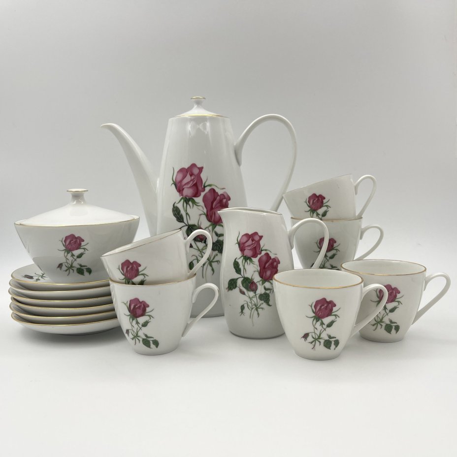 Сервиз кофейный на 6 персон (15 предметов), украшенный изображением розы, фарфор, деколь, золочение, Bohemia (Neurohlau), Чехословакия, 1970-1990 гг.