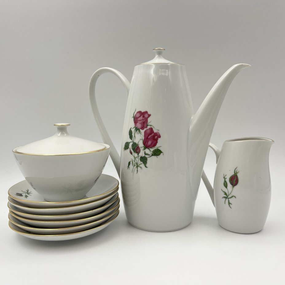 Сервиз кофейный на 6 персон (15 предметов), украшенный изображением розы, фарфор, деколь, золочение, Bohemia (Neurohlau), Чехословакия, 1970-1990 гг.