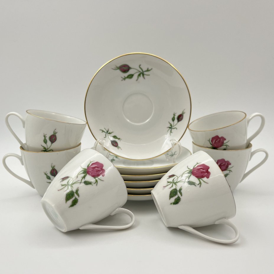 Сервиз кофейный на 6 персон (15 предметов), украшенный изображением розы, фарфор, деколь, золочение, Bohemia (Neurohlau), Чехословакия, 1970-1990 гг.