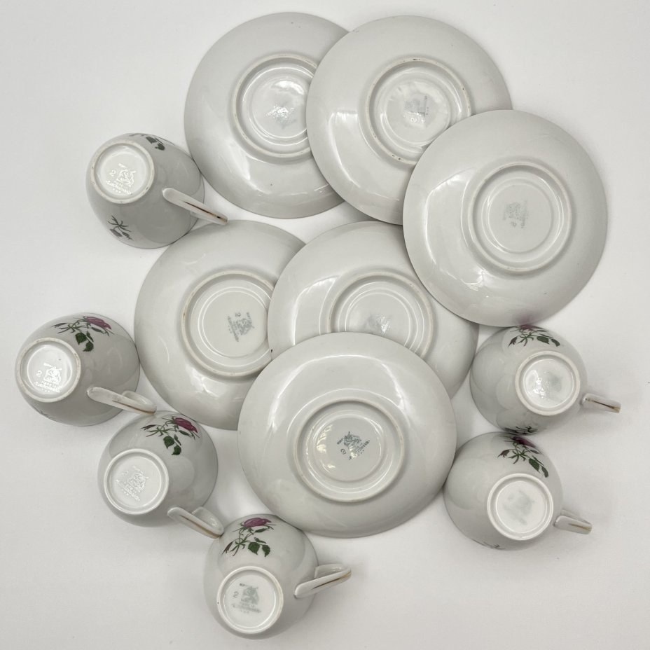 Сервиз кофейный на 6 персон (15 предметов), украшенный изображением розы, фарфор, деколь, золочение, Bohemia (Neurohlau), Чехословакия, 1970-1990 гг.