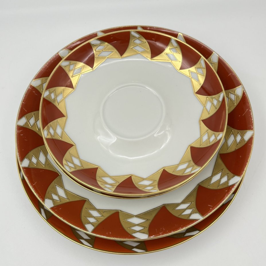 Набор из блюдец и десертных тарелок на 2 персоны, фарфор, крытье, золочение, Wallendorf, ГДР, 1963-1970 гг.