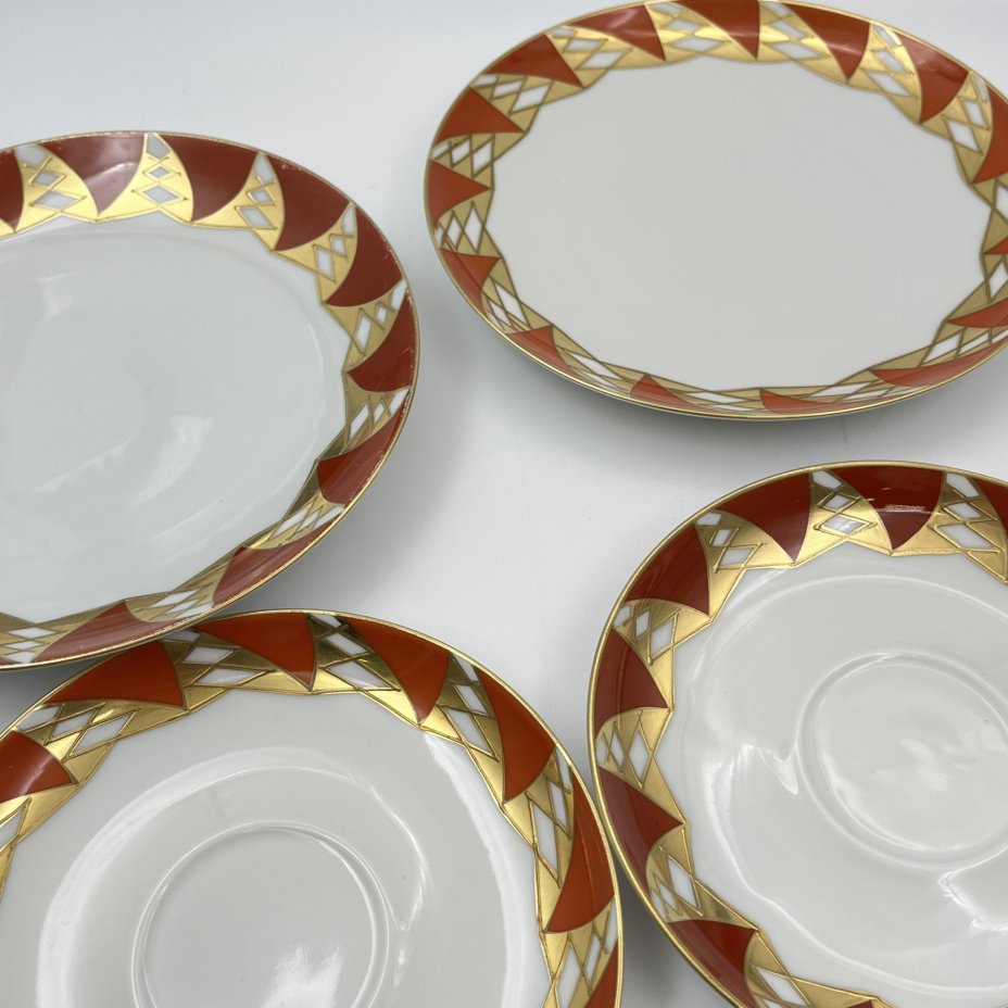 Набор из блюдец и десертных тарелок на 2 персоны, фарфор, крытье, золочение, Wallendorf, ГДР, 1963-1970 гг.