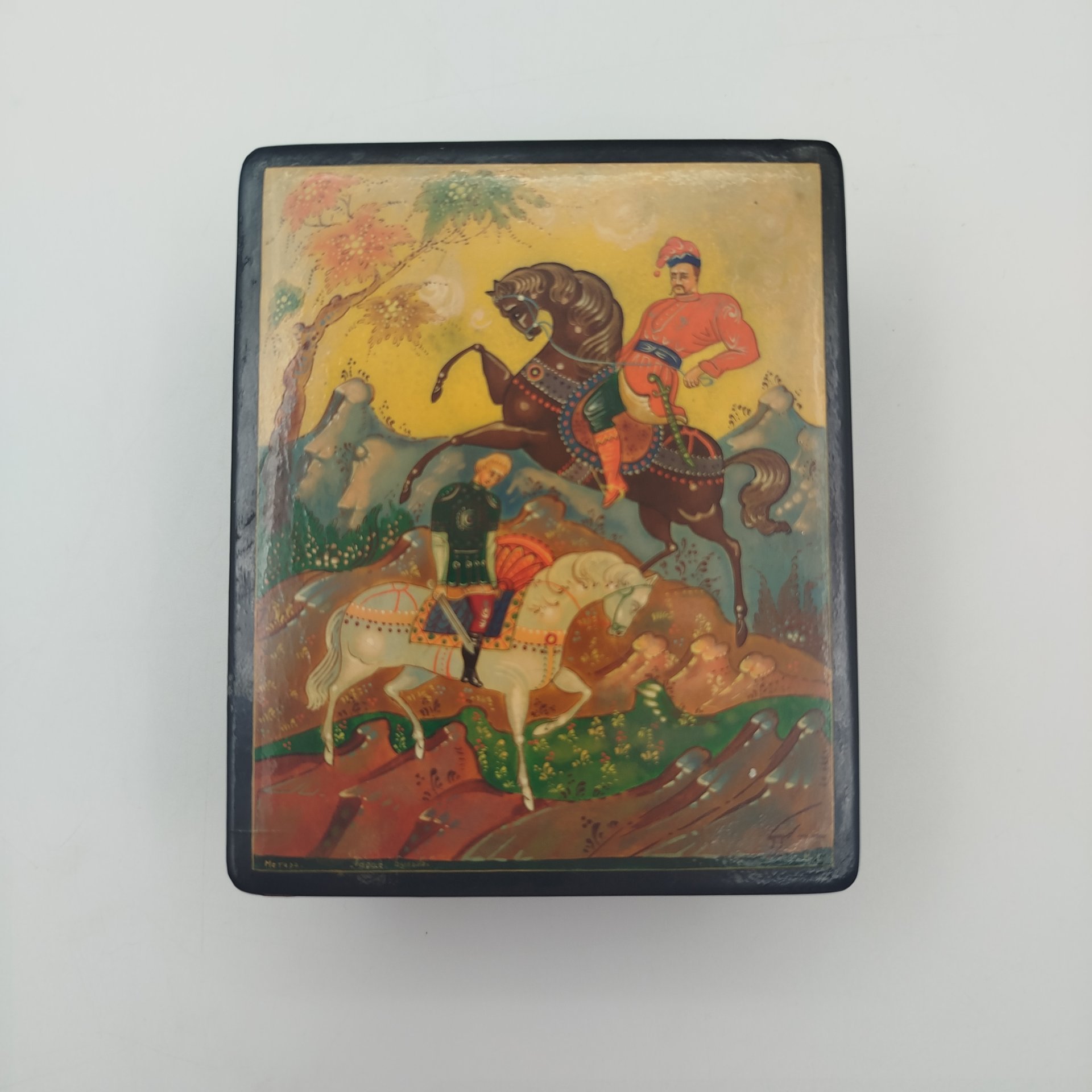 Шкатулка "Тарас Бульба", подпись художника "М.Н.", п. Мстера, папье-маше, роспись, лак, СССР, 1970-1990 гг.