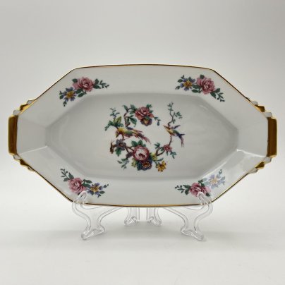 Миниатюрное блюдо (мелочница) в стиле Art Deco, украшенное изображением экзотических цветов и птиц, Cerabel porcelaine, фарфор, деколь, золочение, Бельгия, 1930-1950 гг.