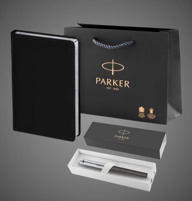 Подарочный набор: Шариковая ручка Parker "Beta Premium Silver" и Ежедневник черный, Металлы: нержавеющая сталь, пластик