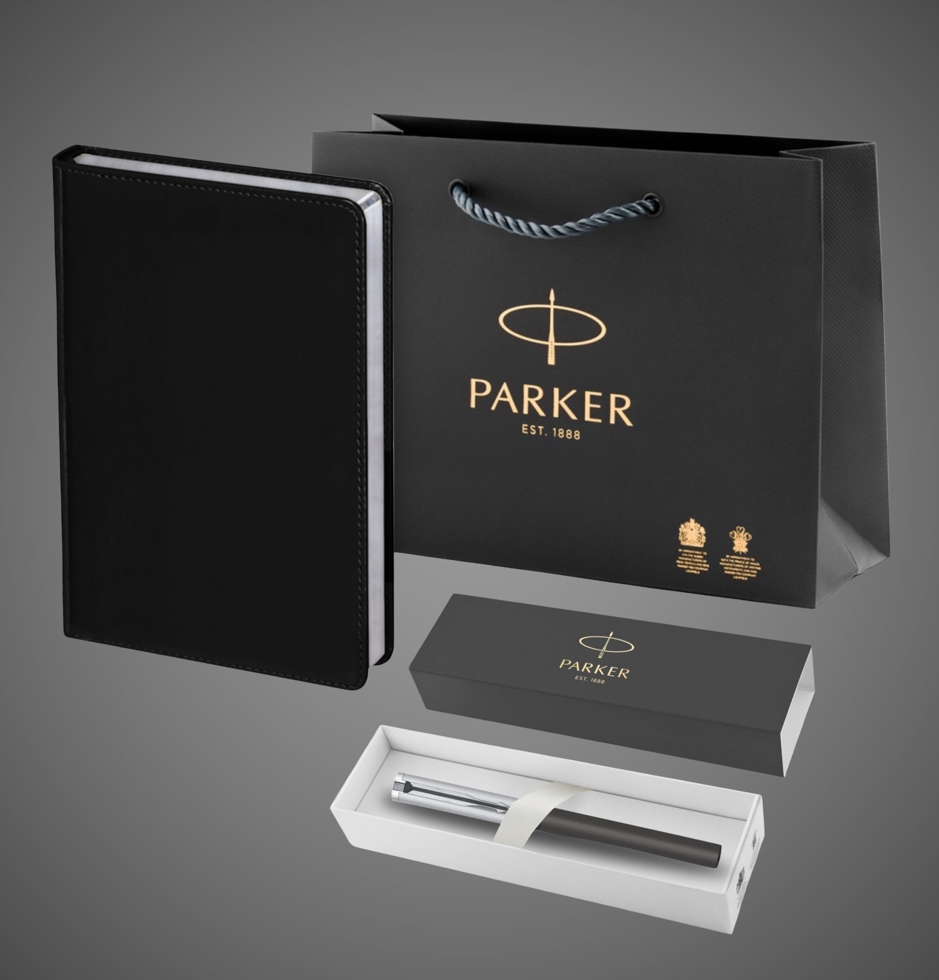 Подарочный набор: Шариковая ручка Parker "Beta Premium Silver" и Ежедневник черный, Металлы: нержавеющая сталь, пластик