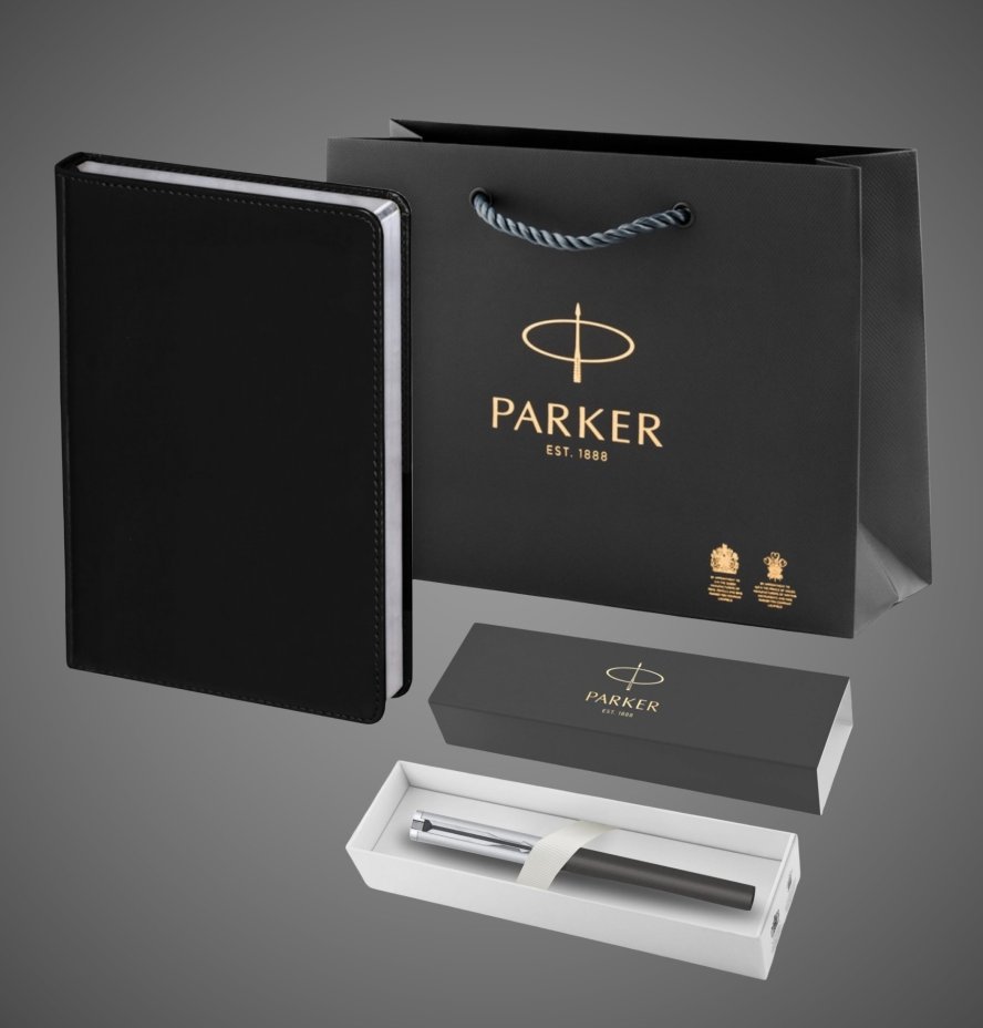 Подарочный набор: Шариковая ручка Parker "Beta Premium Silver" и Ежедневник черный, Металлы: нержавеющая сталь, пластик