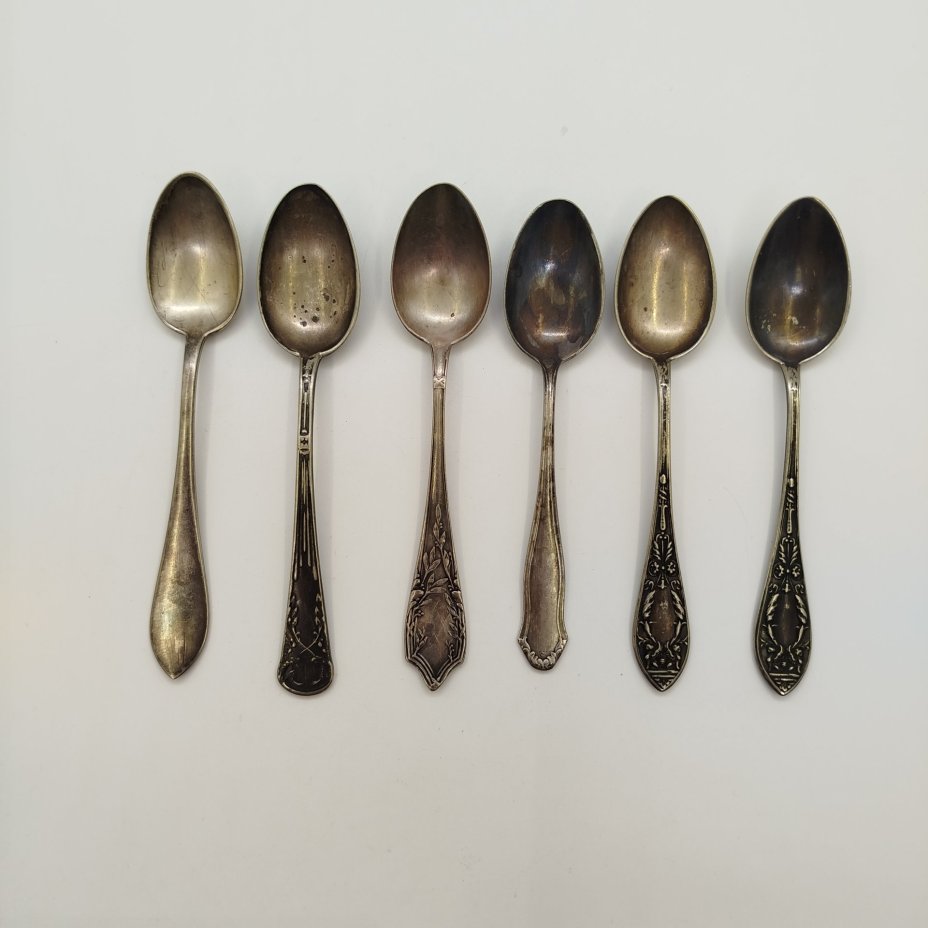 Набор из шести чайных ложек в разном стиле, металл, серебрение, Европа, 1900-1930 гг.