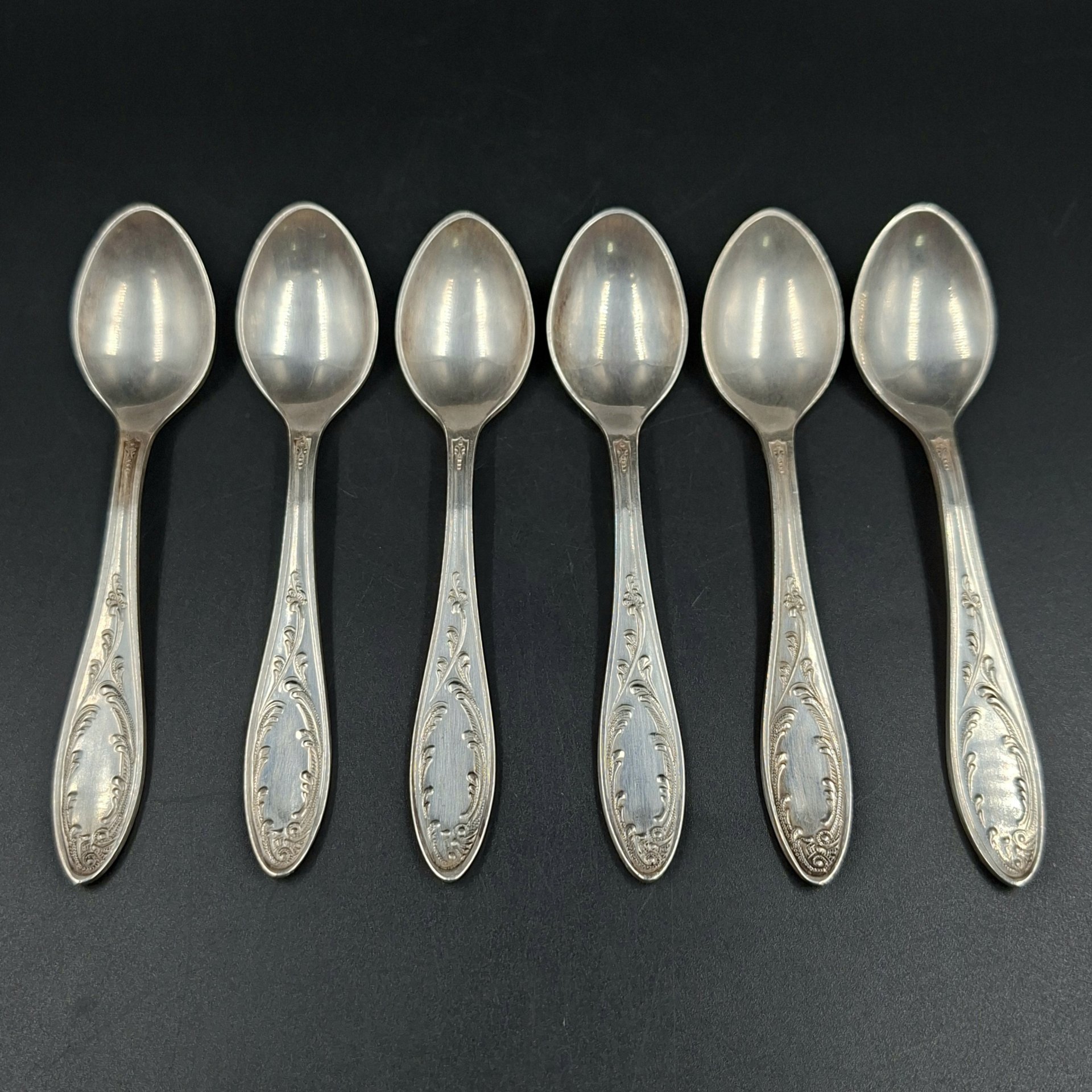 Набор из шести кофейных ложек "Пламя", мНЦ (медь-никель-цинк), Кольчугинский завод цветных металлов, СССР, 1960-1980 гг.